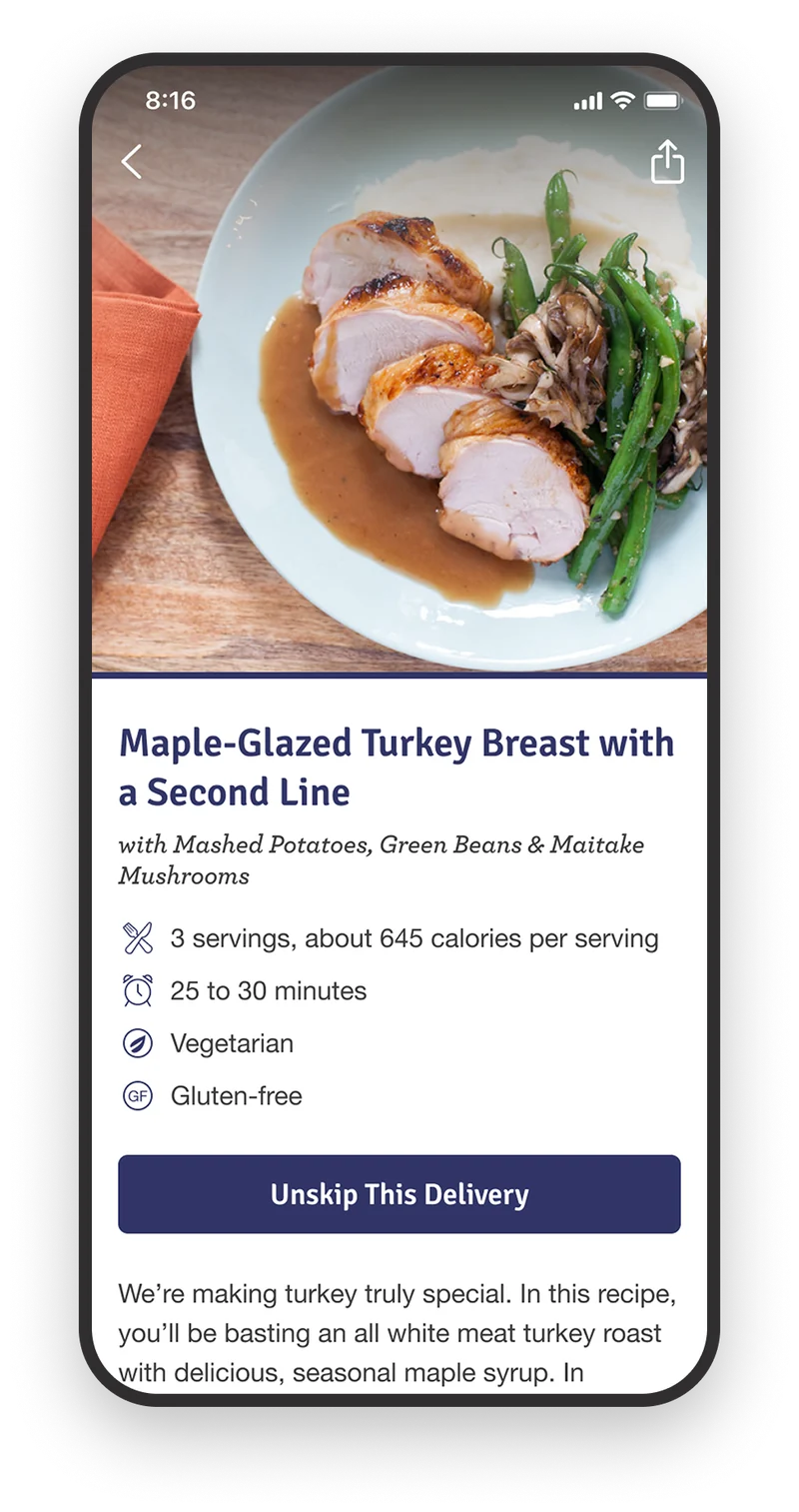 Blue Apron app — a saved recipe card