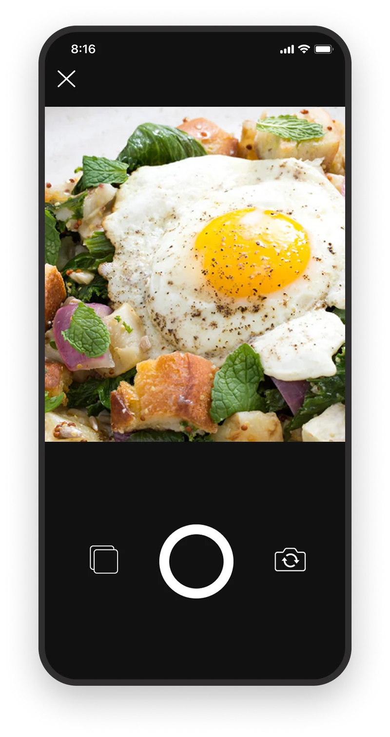 The in-app camera open on a plated meal