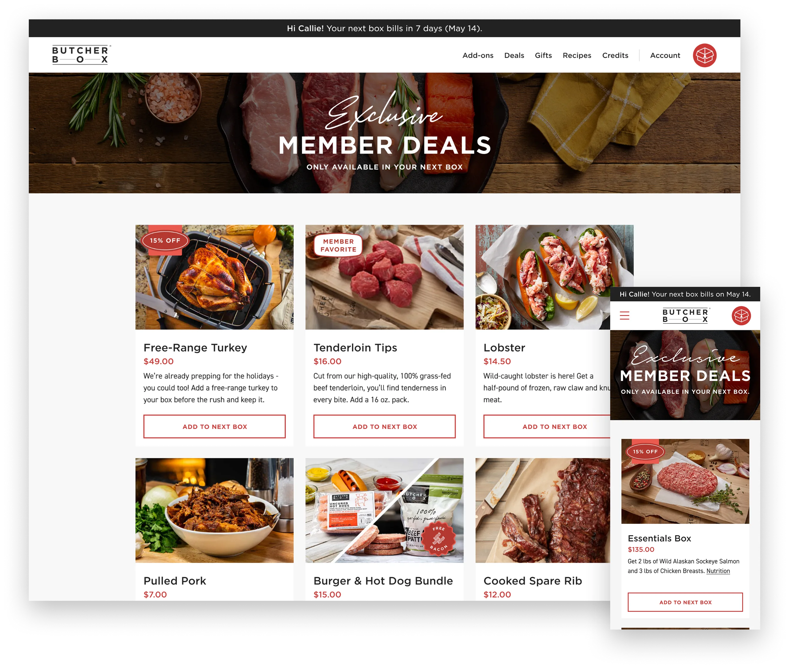ButcherBox member deals page on desktop and mobile