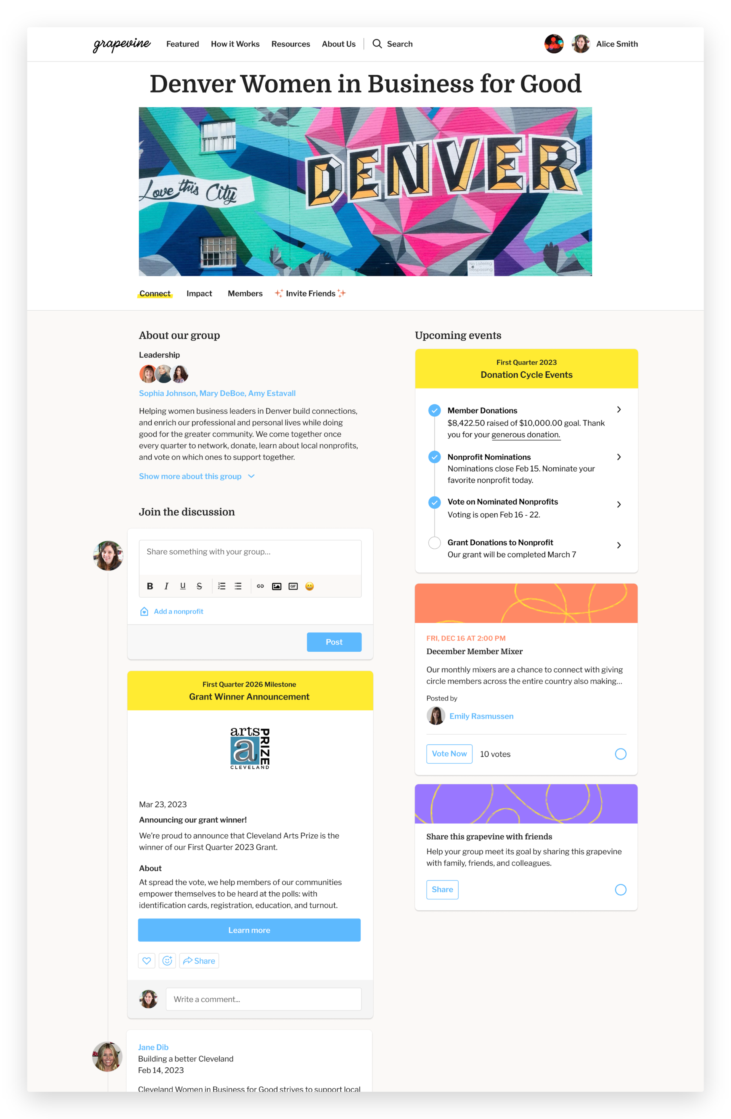 Grapevine group homepage showing feed types including pinned events, member posts, and current donation cycle status