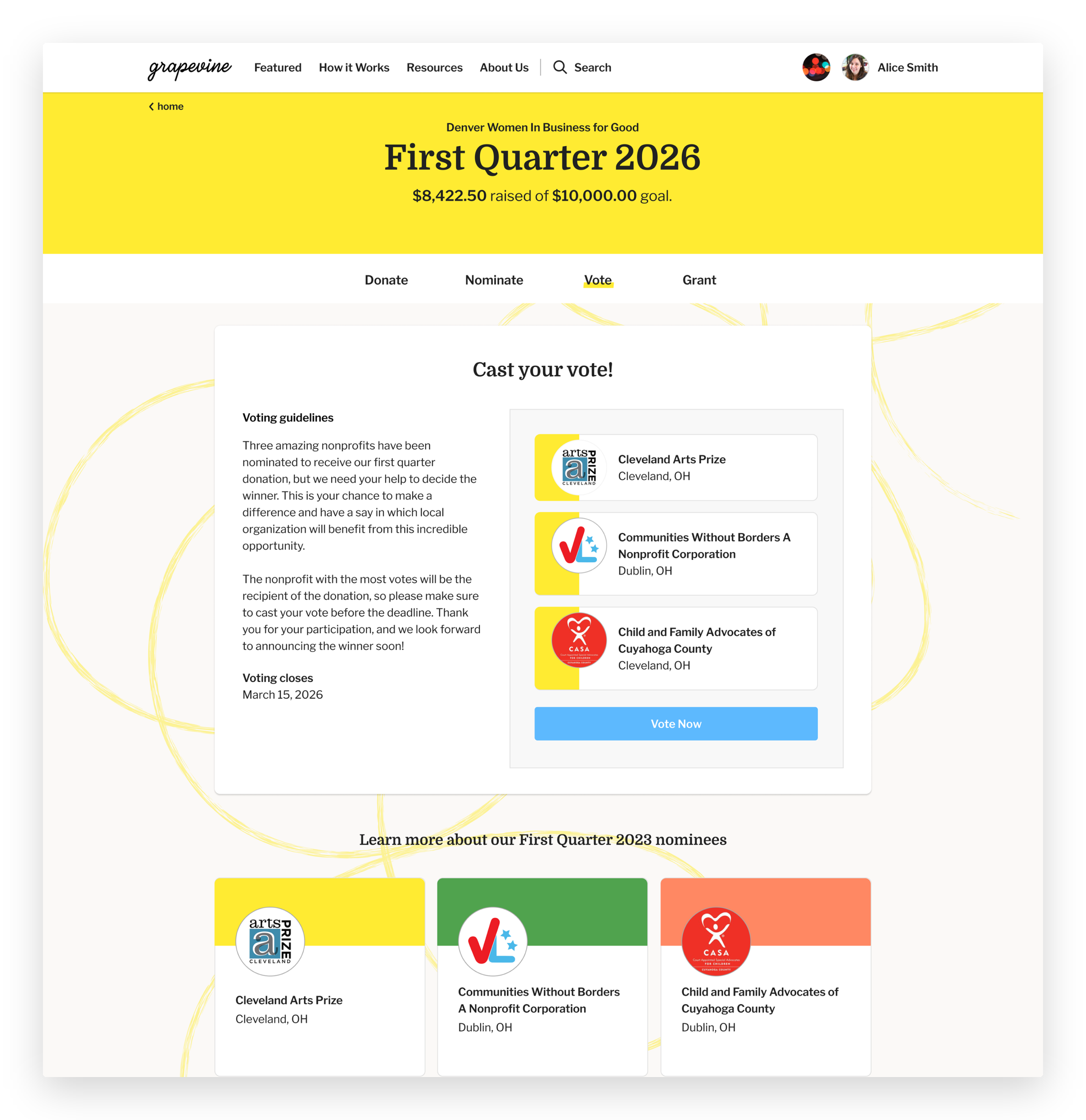 Grapevine voting screen — casting a vote on the nominated nonprofits