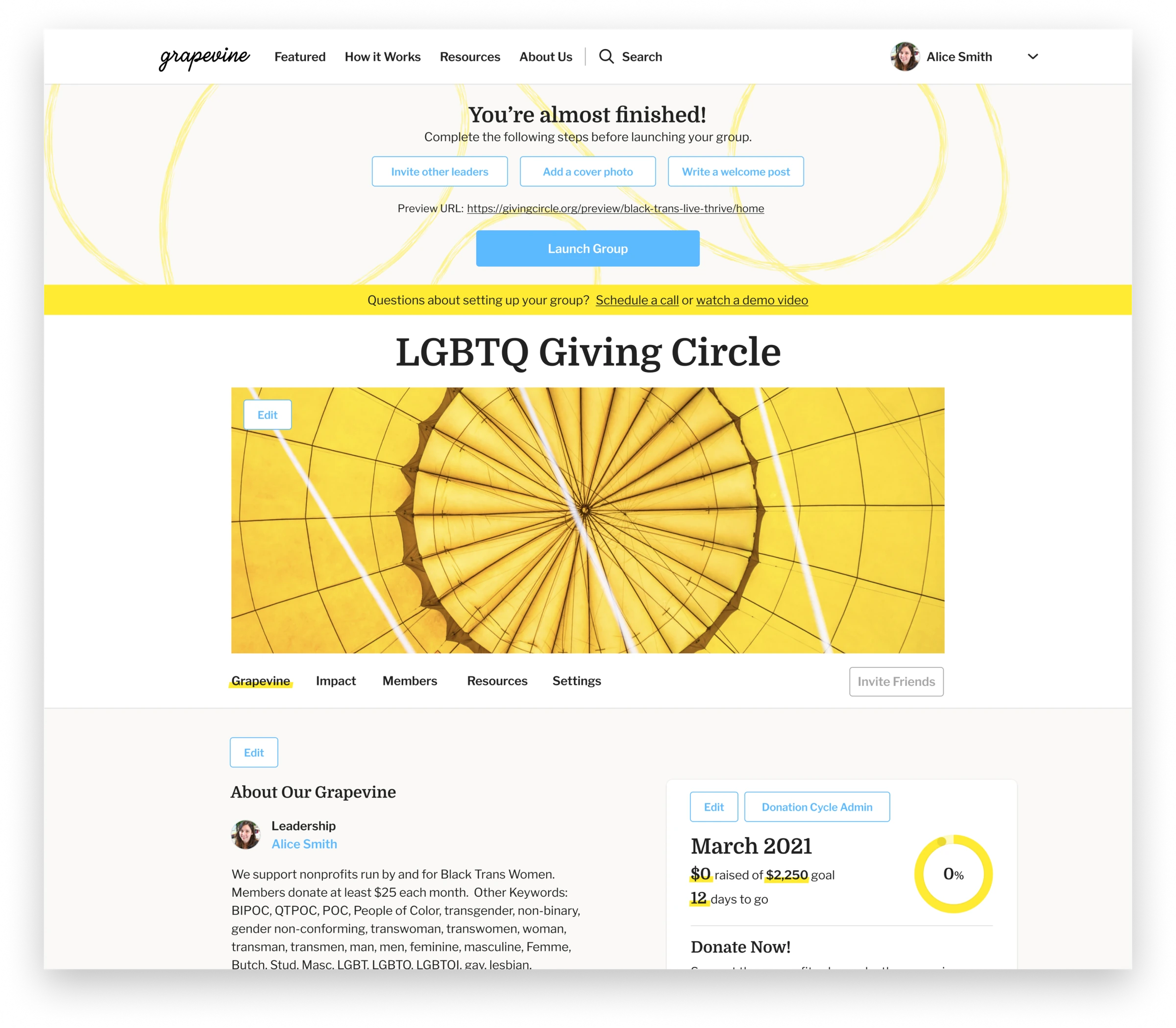 Grapevine giving circle page in edit mode