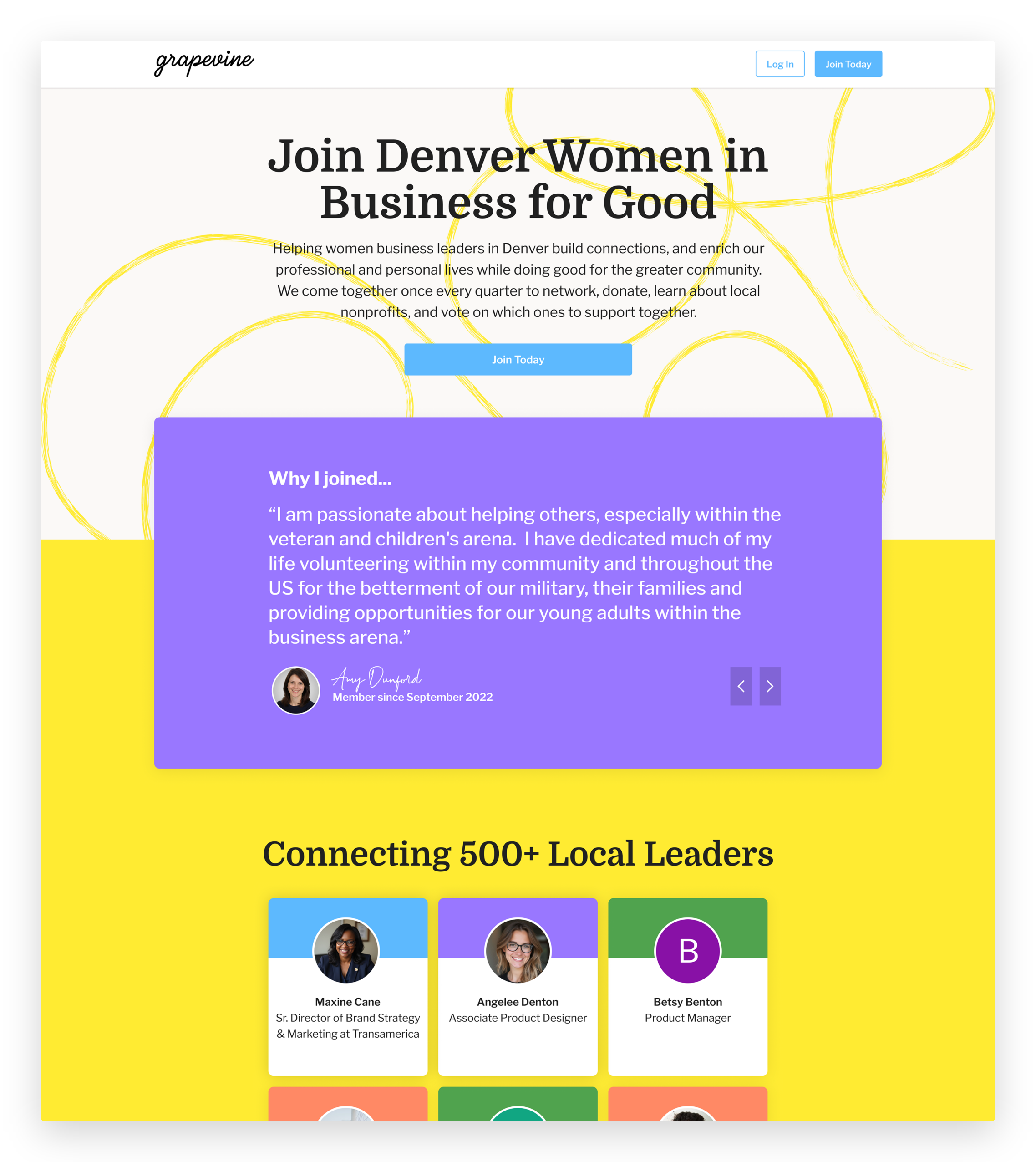 Grapevine member landing page — the group's mission, a member testimonial, and local leaders, all before the donation ask