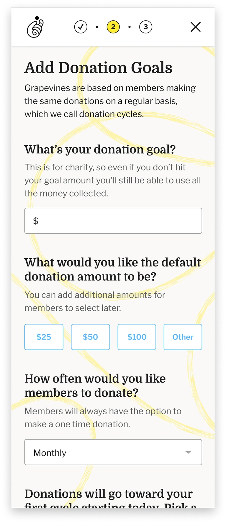 Onboarding step 2 — add donation goals