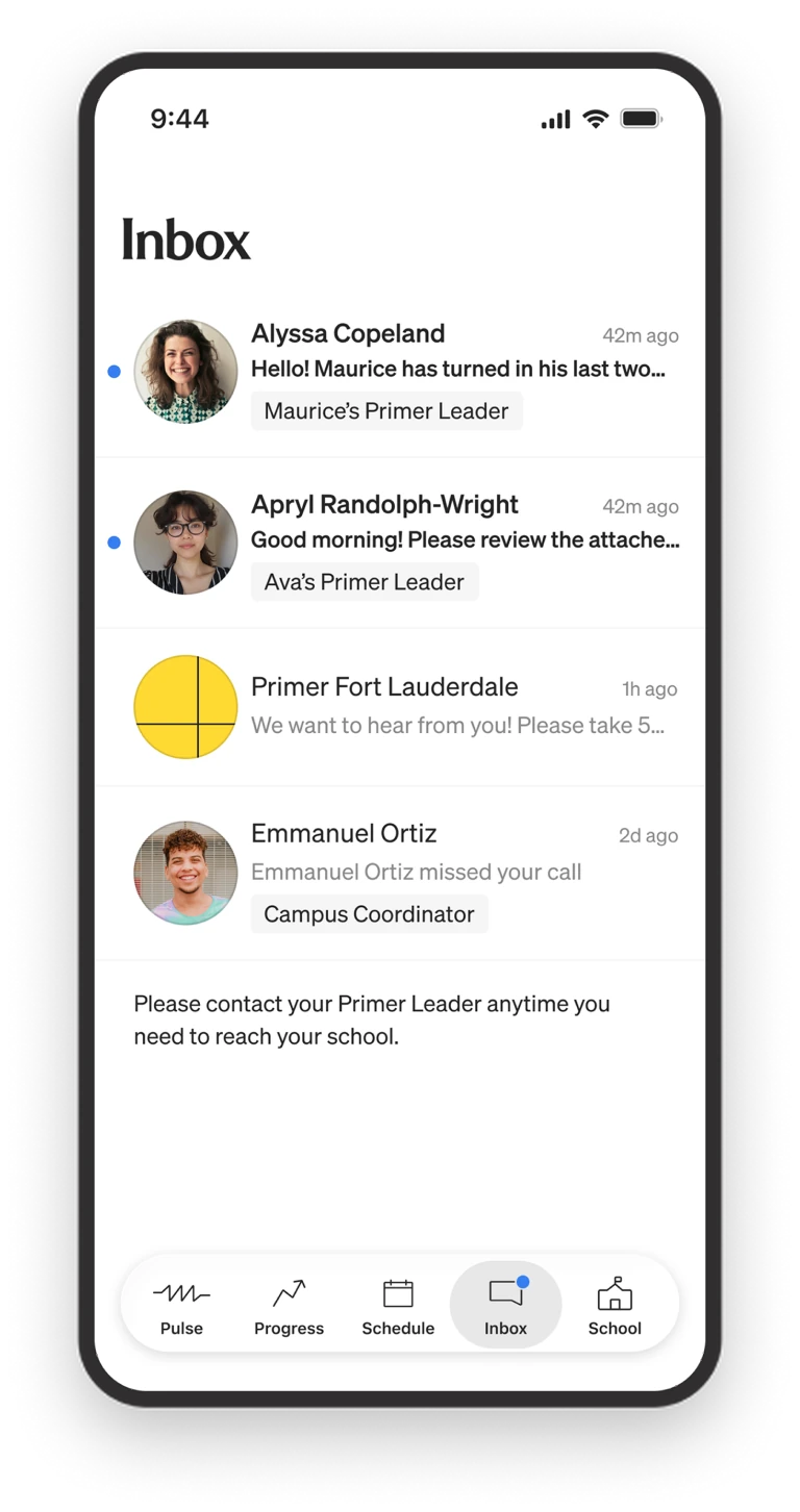 Parent app — inbox with direct access to teachers and staff