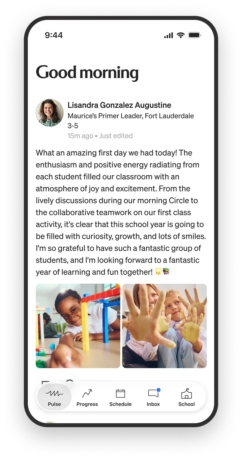 Primer parent app — Pulse feed with a teacher's morning post