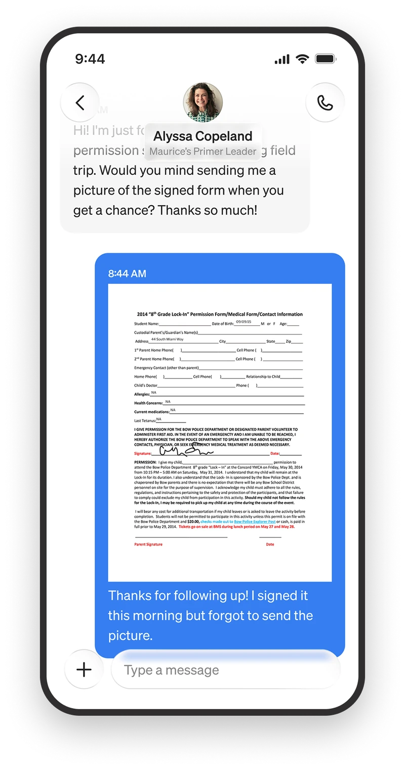A conversation thread where a teacher asks a parent for a signed permission form