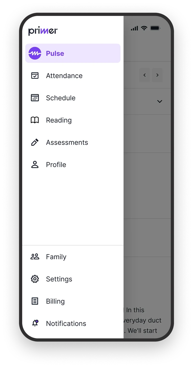 Mobile web — ten destinations behind a menu drawer, opened after a sign-in