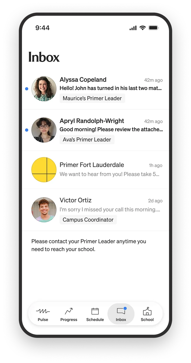Native app — five destinations in the tab bar, including a new inbox