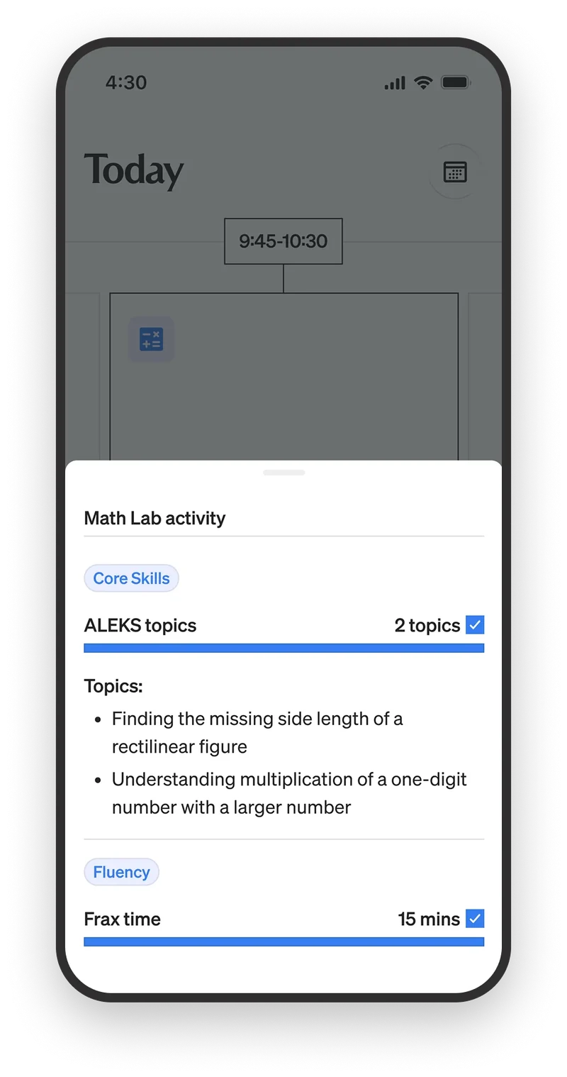 A class card expanded to show what the student is working on