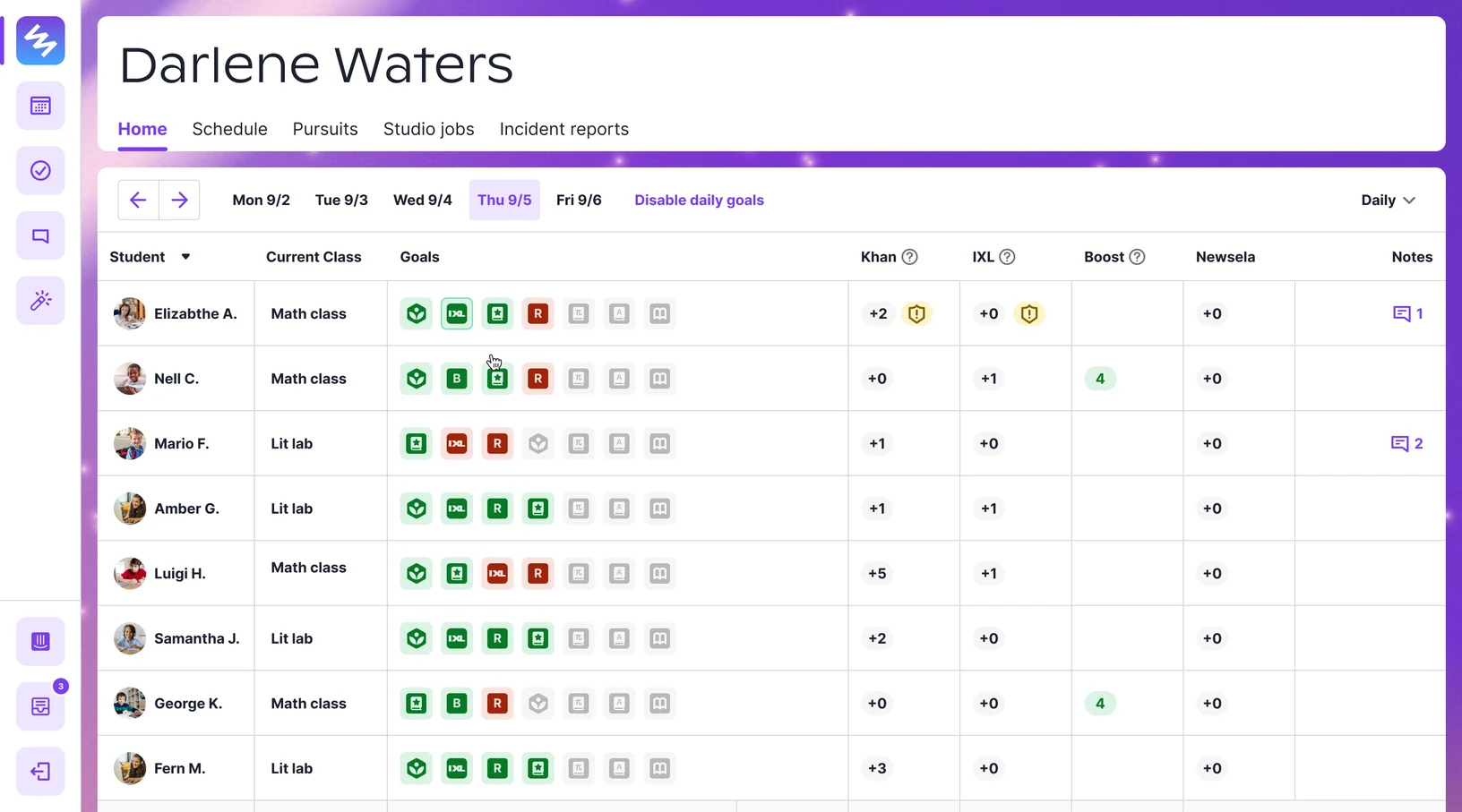 Class dashboard V1 — daily goals consolidated into one color-coded roster view