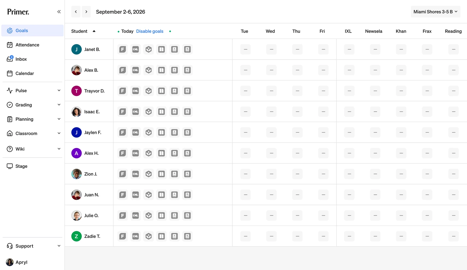 Class dashboard V4 — a week-level view with each day collapsed into a completion circle and weekly app totals counting up
