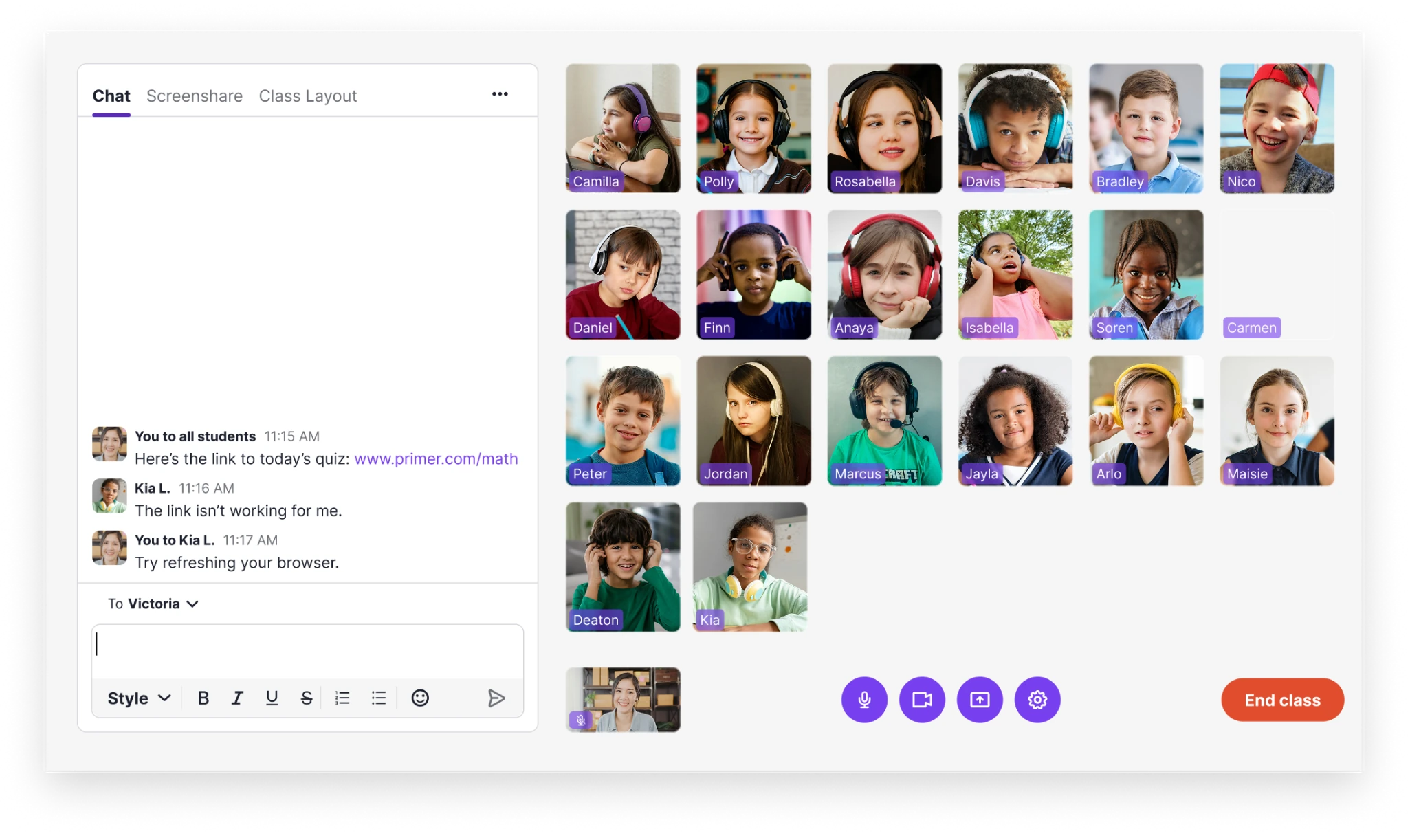 The teacher's management view of Prism with class layout, screenshare, and direct messaging