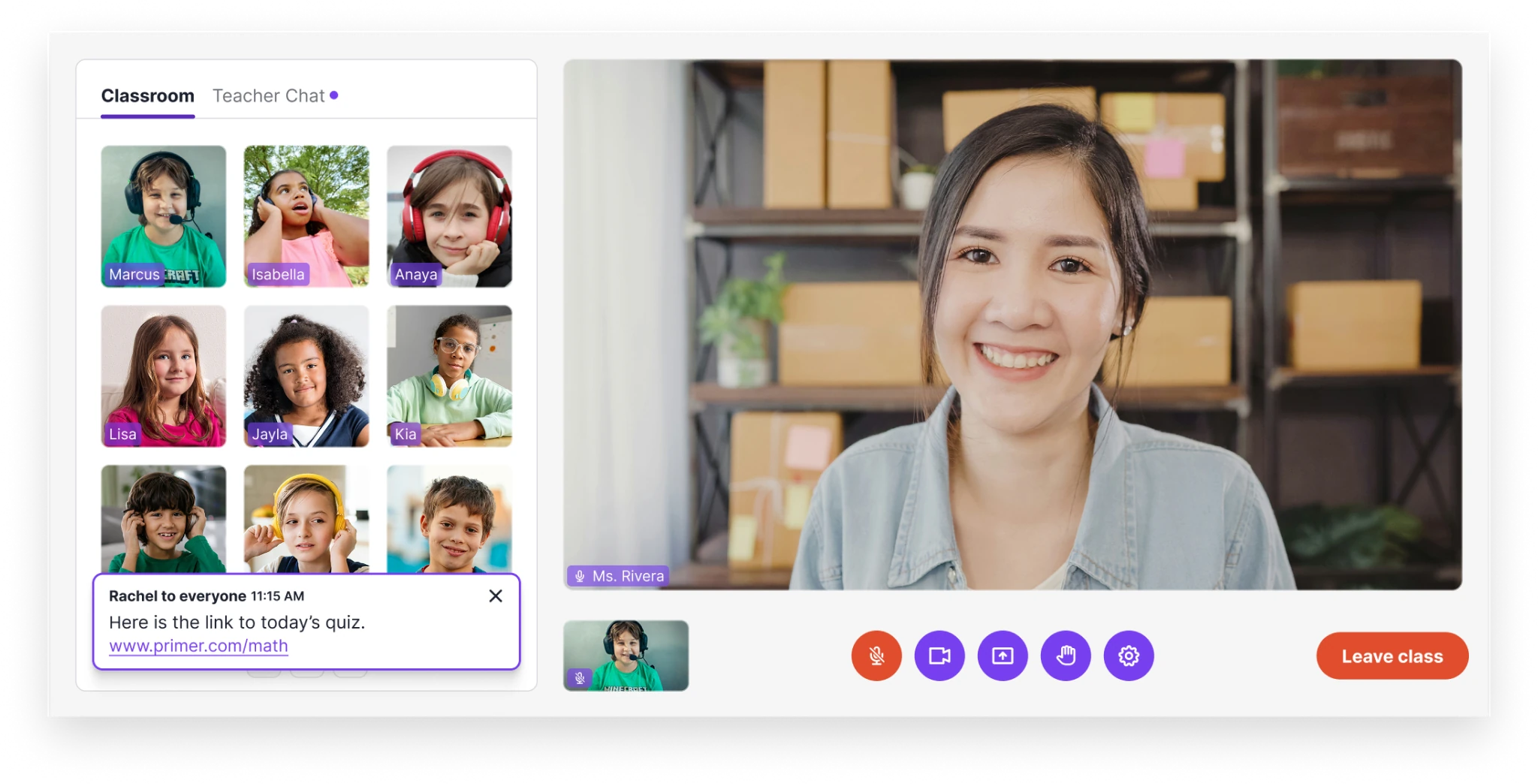 A student's view of the Prism virtual classroom with the teacher on screen