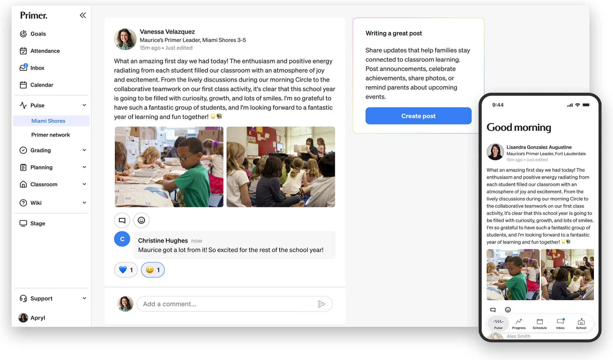 The Pulse feed on web and in the native app, where teachers post updates and photos and parents respond