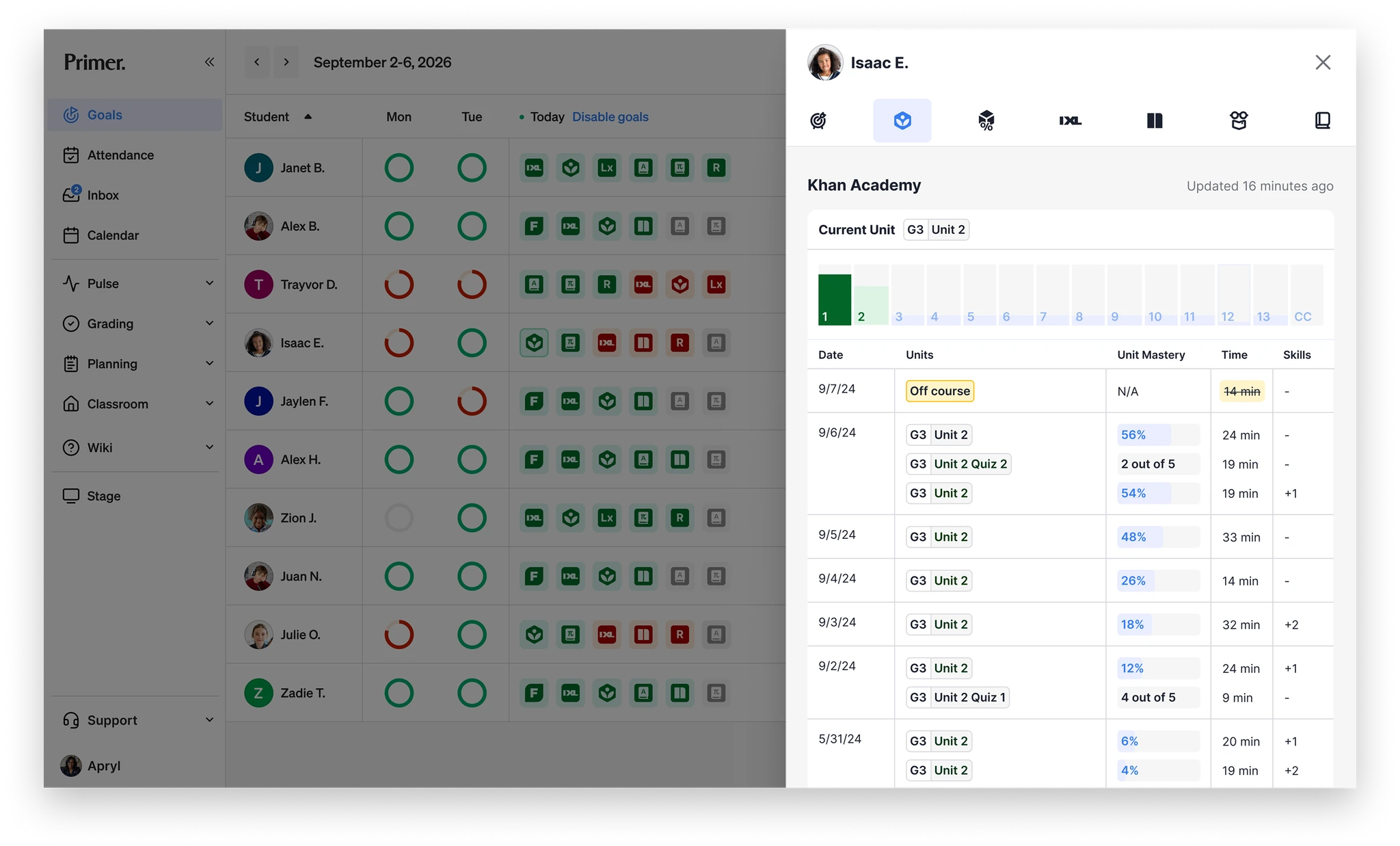 A single student's goals view showing domain-level mastery and lesson-by-lesson history