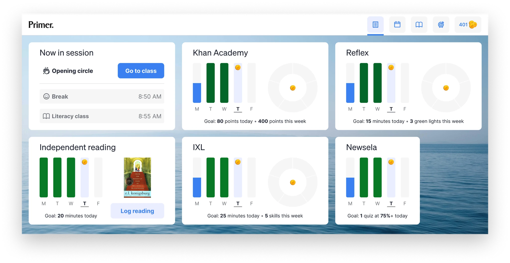 The student dashboard showing the current activity, next action, and each class's goals