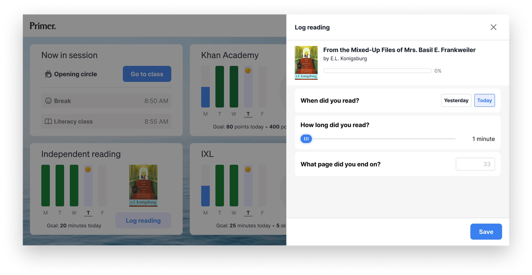 The independent reading tracker where a student logs the book, time, and page