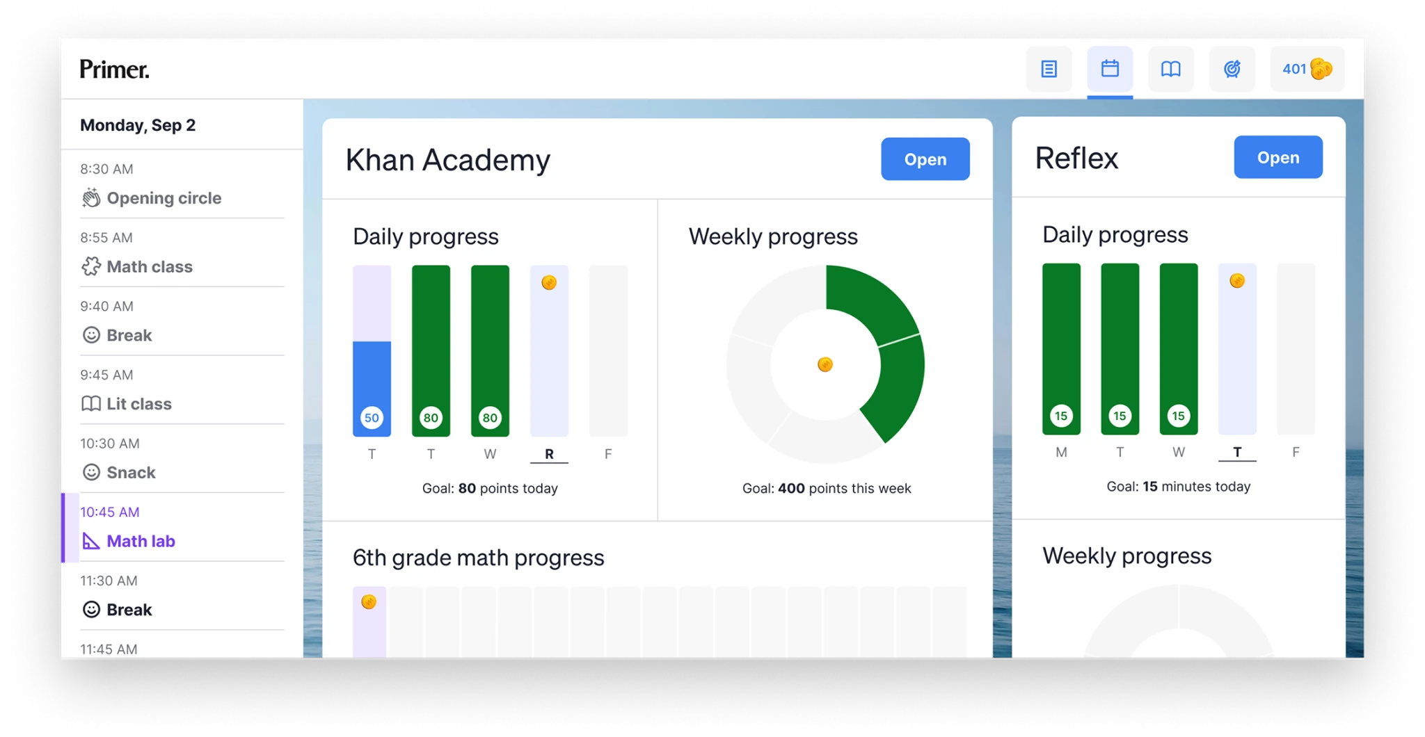 The student dashboard with a time-based daily schedule and goal progress