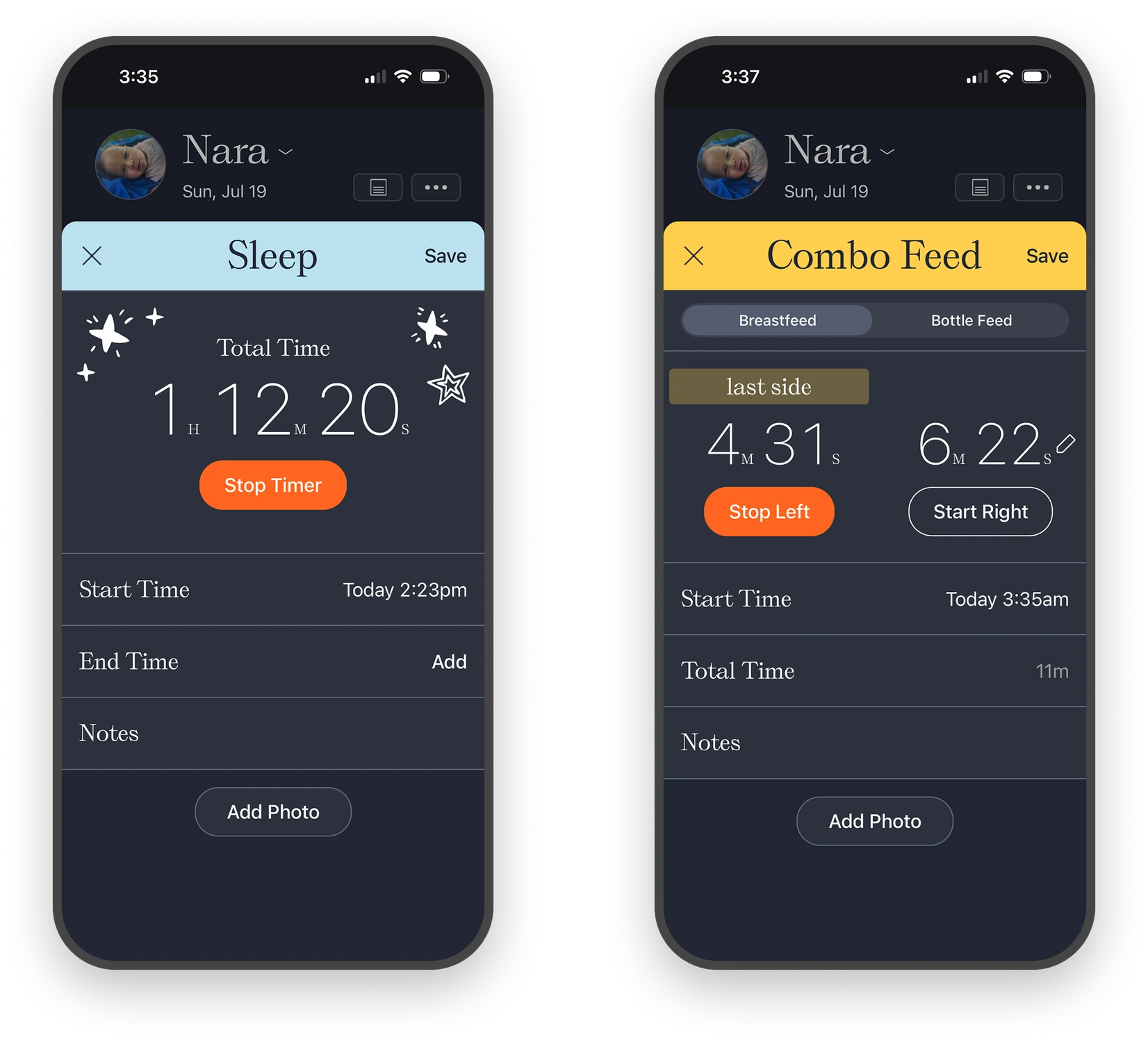 Nara logging and sleep screens in night mode