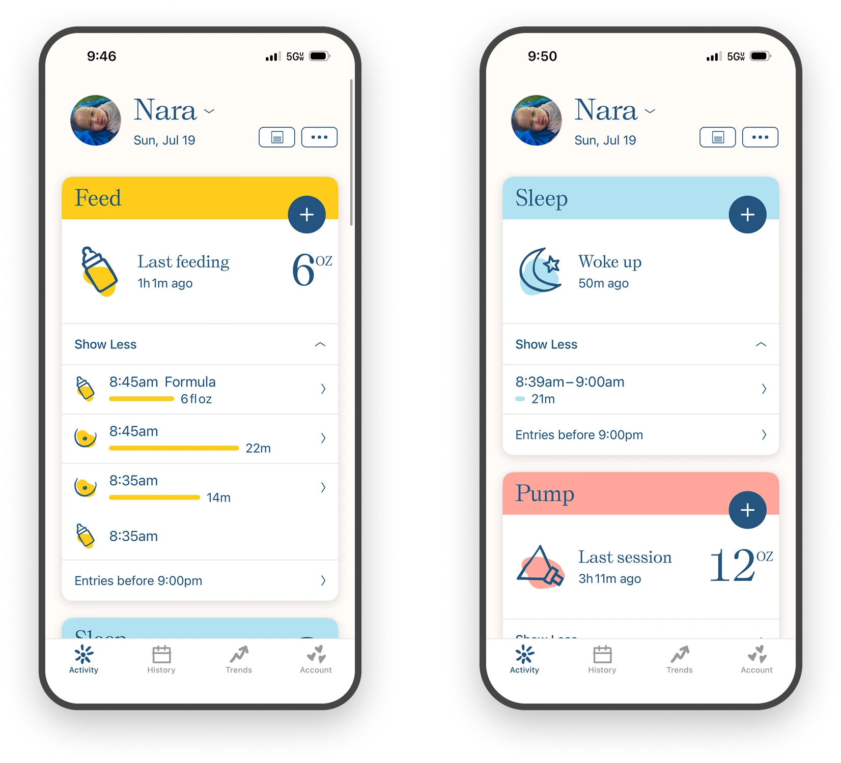 Two Nara home screens showing the same data ordered differently for two caregivers