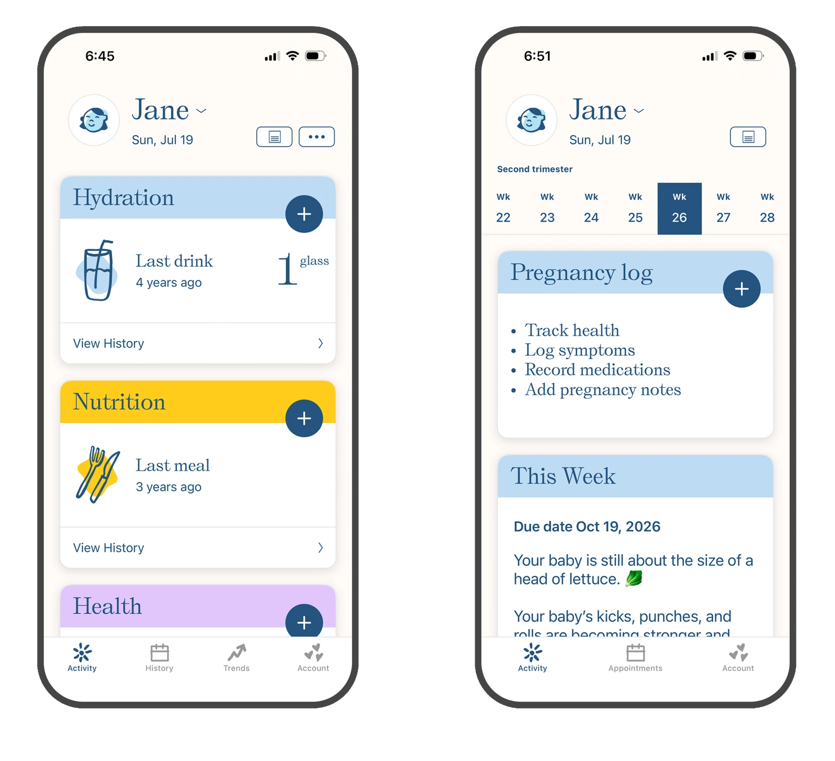 Nara postpartum home screen and pregnancy log across two phones