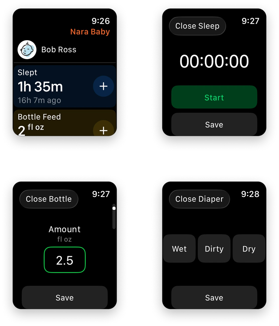 Nara Apple Watch app screens for quick logging